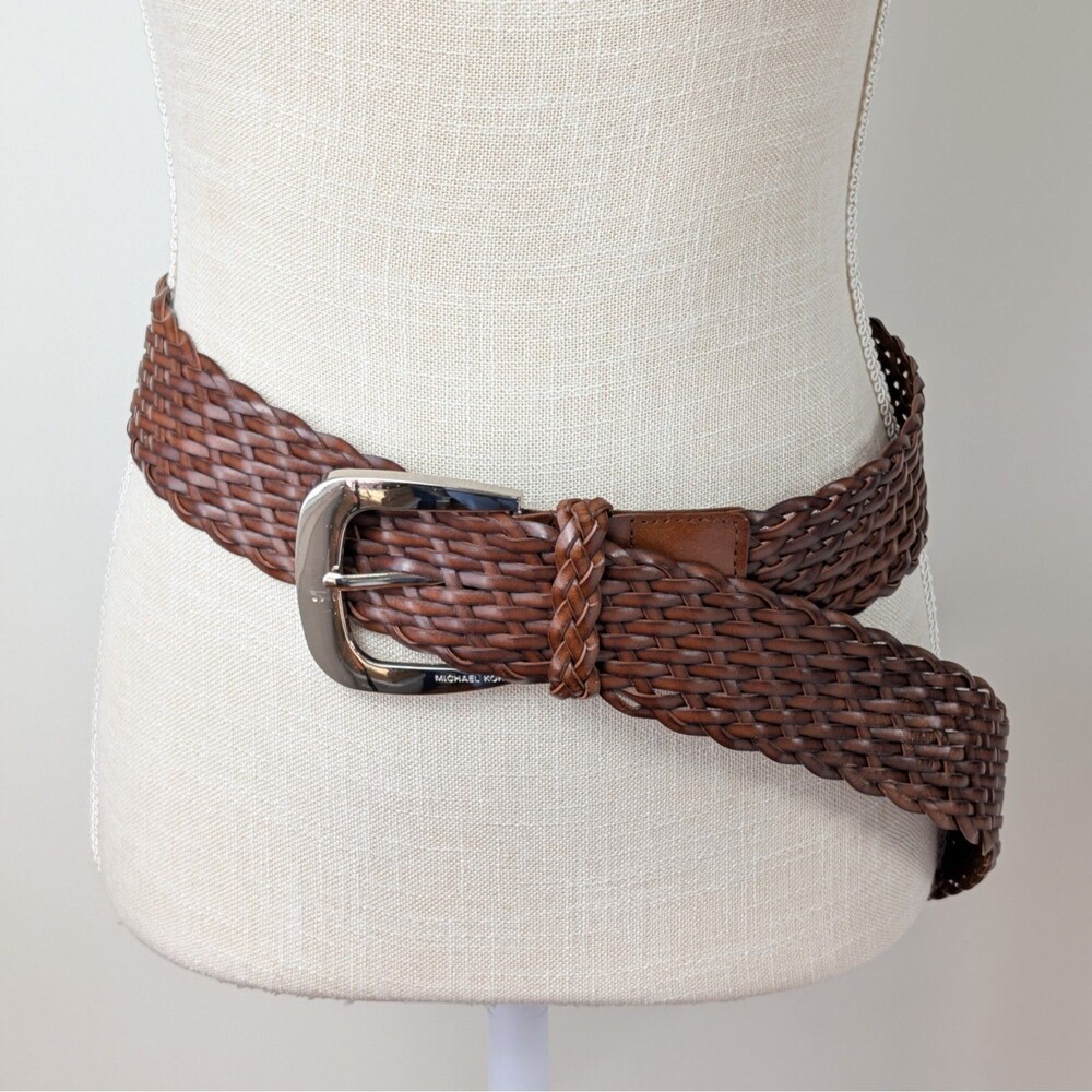 Michael Kors Womens Woven Leather Belt Large Braided Brown Silver Buckle 2" Wide